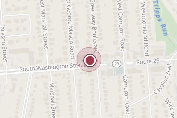 Street map around 900 S Washington St #109, Falls Church, with a pin at AG Legal, PLLC