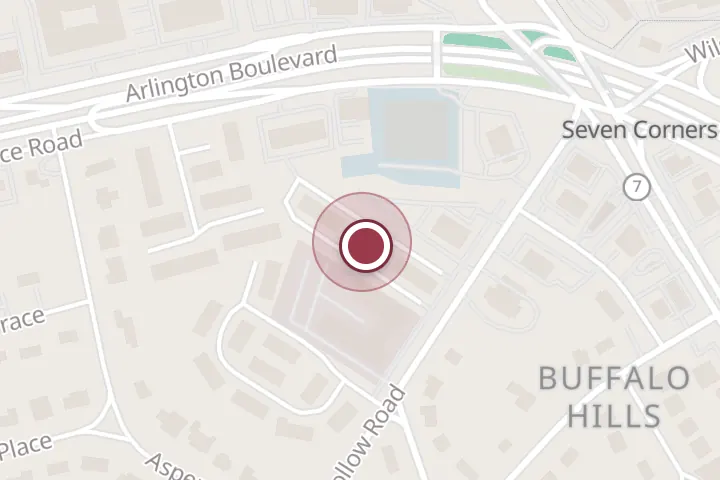 Street map around 6404 Seven Corners Pl Ste S, Falls Church, with a pin at Allstate Personal Financial Representative: Robert Burns