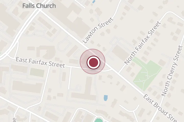 Street map around 210 E Broad St #100, Falls Church, with a pin at American Homes Realty