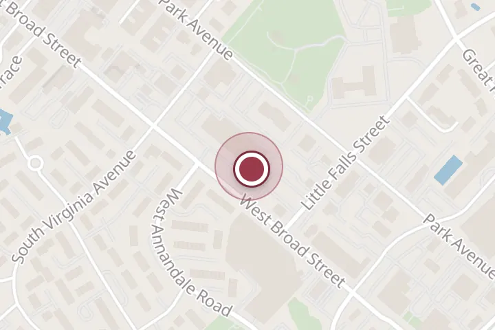 Street map around 346 W Broad St, Falls Church, with a pin at baddpizza