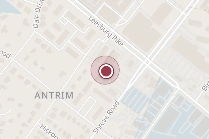 Street map around 7115 Leesburg Pike SUITE-107, Falls Church, with a pin at bb.q Chicken Falls Church, VA
