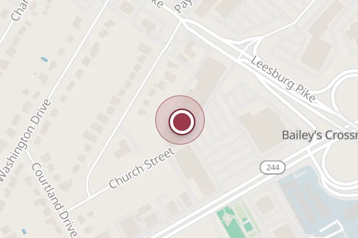 Street map around 5845 Leesburg Pike, Falls Church, with a pin at Bob’s Discount Furniture and Mattress Store