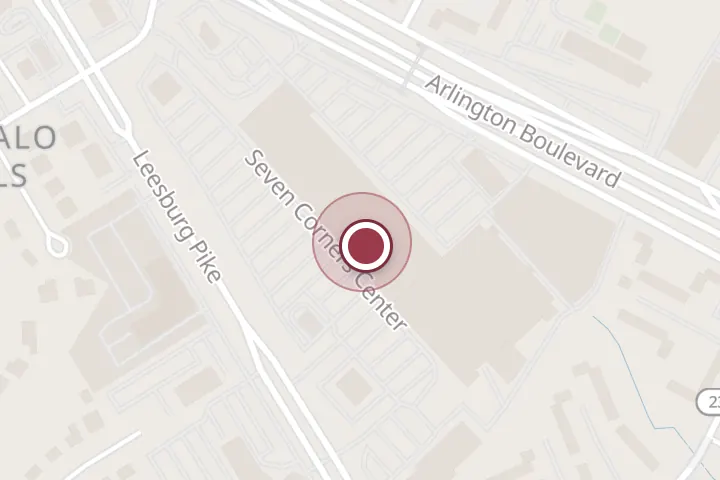 Street map around 6350 Seven Corners Center, Falls Church, with a pin at Burlington