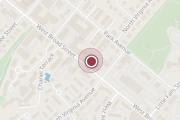 Street map around 402 W Broad St Ste 200, Falls Church, with a pin at Burn Boot Camp