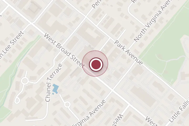 Street map around 57 W Broad St, Falls Church, with a pin at C.I.A. Services