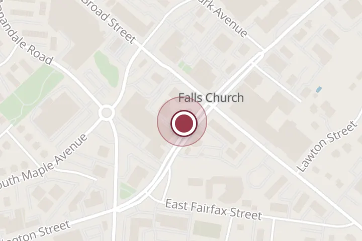 Street map around 101 W Broad St Ste 110, Falls Church, with a pin at Case Architects & Remodelers