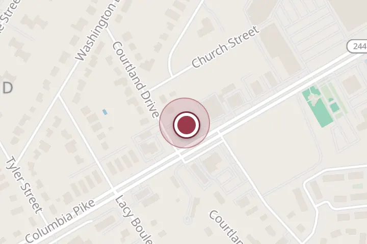 Street map around 5860 Columbia Pike, Falls Church, with a pin at Cinthia's Bakery