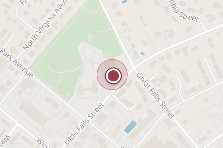 Street map around 223 Little Falls St, Falls Church, with a pin at City of Falls Church Community Center