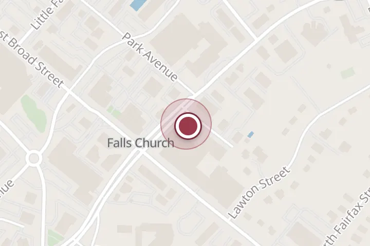 Street map around 130 N Washington St, Falls Church, with a pin at Clare & Don's Beach Shack