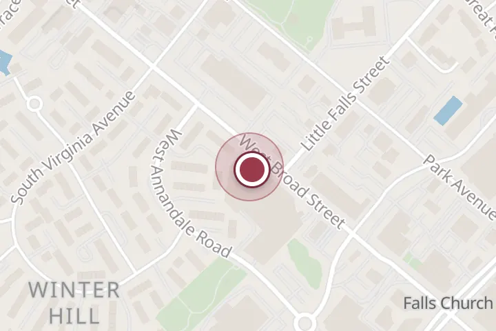 Street map around 301 W Broad St, Falls Church, with a pin at CYCLEBAR