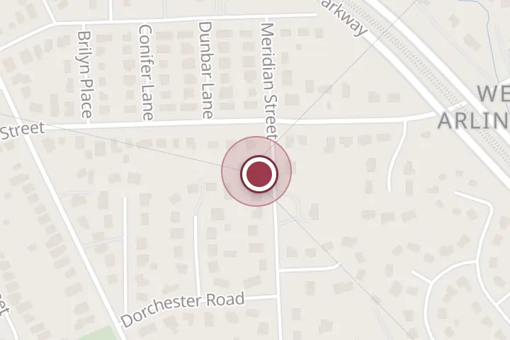 Street map around 7979 Meridian St, Falls Church, with a pin at DC Cornerstone Park-Marks original DC boundary