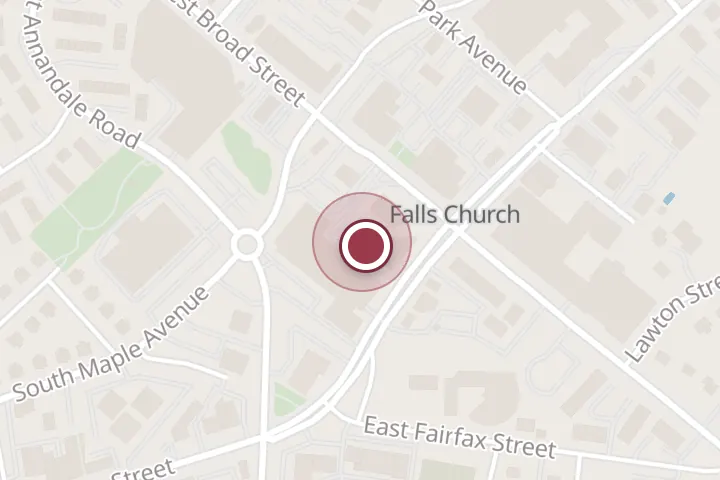 Street map around George Mason Square, 103 W Broad St Ste 300, Falls Church, with a pin at Dental Associates of Northern Virginia - City of Falls Church