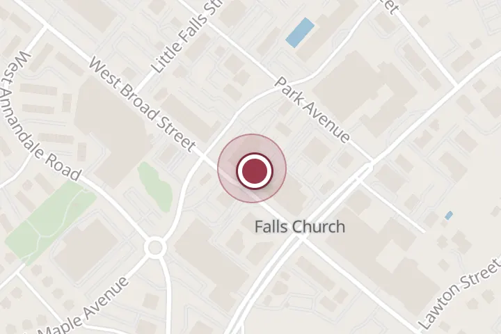 Street map around 132 W Broad St, Falls Church, with a pin at Dogwood Tavern