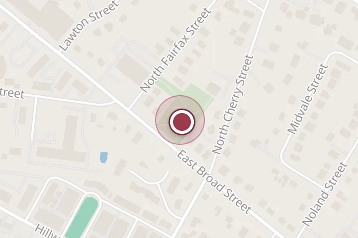 Street map around 311 E Broad St, Falls Church, with a pin at Donald Frady Park