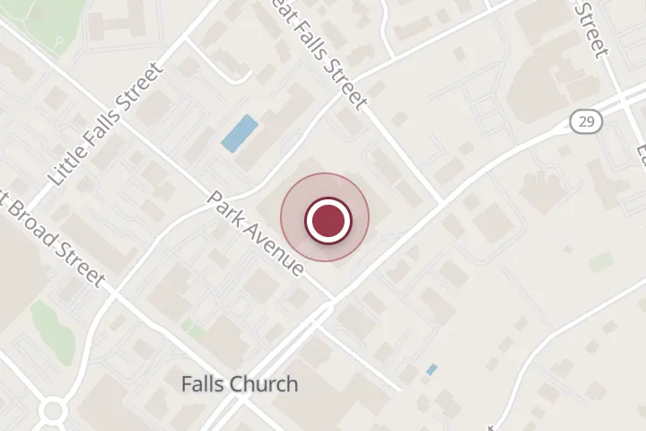 Street map around 201 N Washington St, Falls Church, with a pin at Donna Lee M.D. | Kaiser Permanente