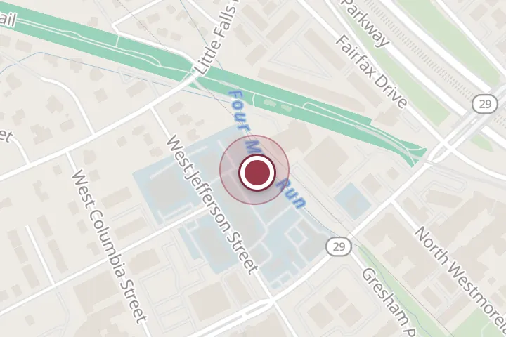 Street map around 130 W Jefferson St, Falls Church, with a pin at Falls Church Athletics