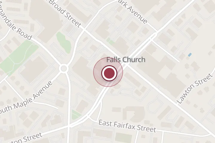 Street map around 101 W Broad St, Falls Church, with a pin at Fred Home Improvement