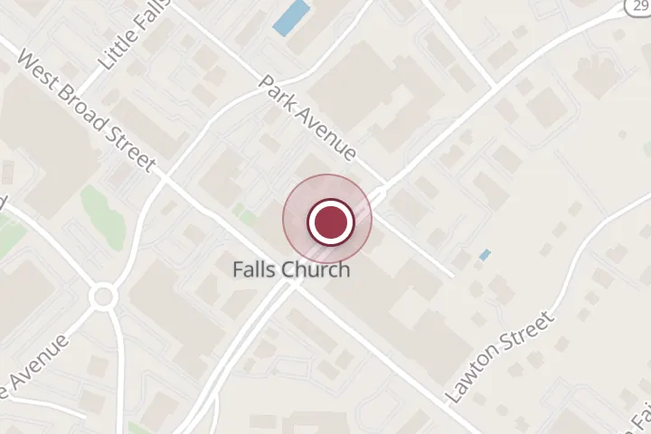 Street map around 125 N Washington St Ste 100, Falls Church, with a pin at Gary Gayer: Allstate Insurance