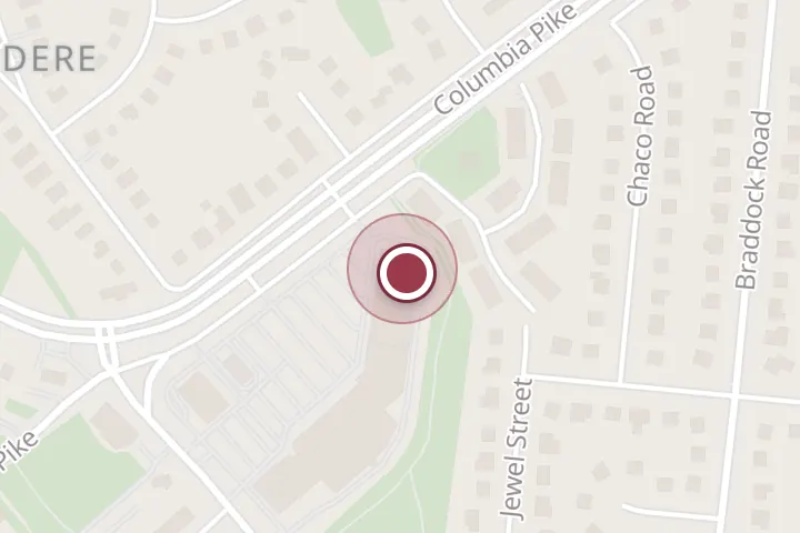 Street map around 6341 Columbia Pike, Falls Church, with a pin at Glory Days Grill