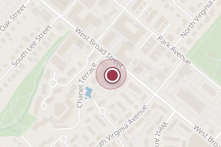 Street map around 421 W Broad St, Falls Church, with a pin at Godfrey's