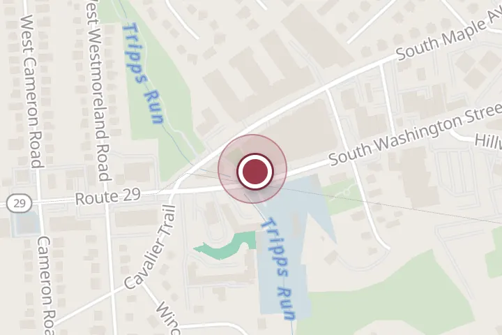 Street map around Located in: 455 at Tinner Hill, 510 S Washington St, Falls Church, with a pin at GrillMarX Falls Church Steakhouse & Raw Bar