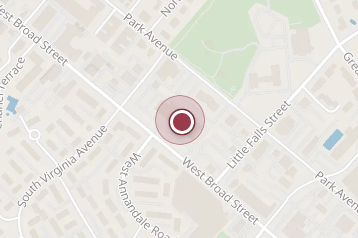 Street map around 356 W Broad St, Falls Church, with a pin at H&R Block