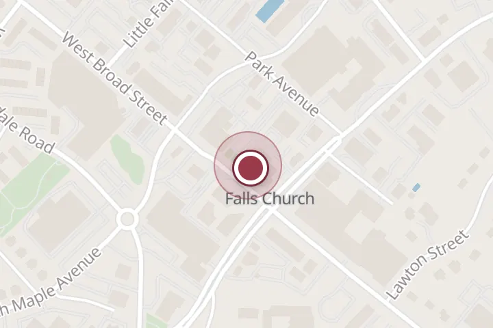 Street map around 116b W Broad St, Falls Church, with a pin at Happy Joyous & Free