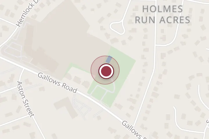 Street map around 3451 Gallows Rd, Falls Church, with a pin at Holmes Run Acres Recreation Association