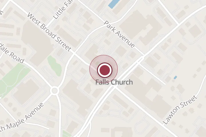 Street map around 116 W Broad St, Falls Church, with a pin at Hot N Juicy Crawfish