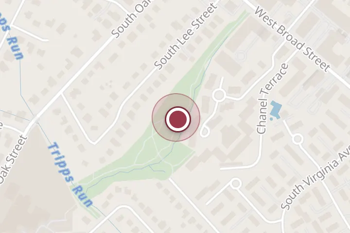 Street map around 601 W Broad St, Falls Church, with a pin at Howard E Herman Park