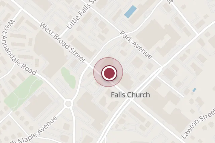 Street map around 126 W Broad St, Falls Church, with a pin at Hunan Cafe