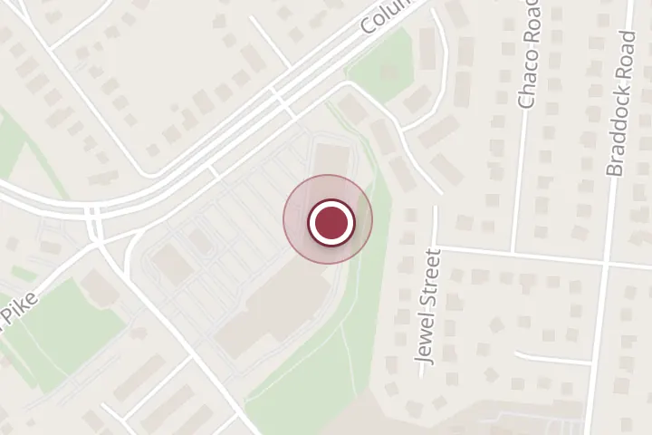 Street map around 6347a Columbia Pike, Falls Church, with a pin at Indian Pizza Company