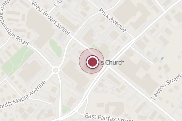 Street map around 105 W Broad St #200, Falls Church, with a pin at Ireland's Four Provinces
