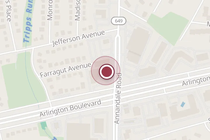 Street map around 6666 Arlington Blvd, Falls Church, with a pin at JV's Restaurant
