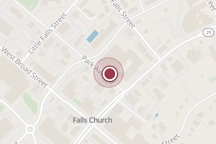 Street map around 201 N Washington St, Falls Church, with a pin at Kaiser Permanente Health Care: King Michael A MD