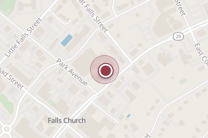 Street map around 201 N Washington St, Falls Church, with a pin at Kaiser Permanente Health Care: Spevak Christopher MD