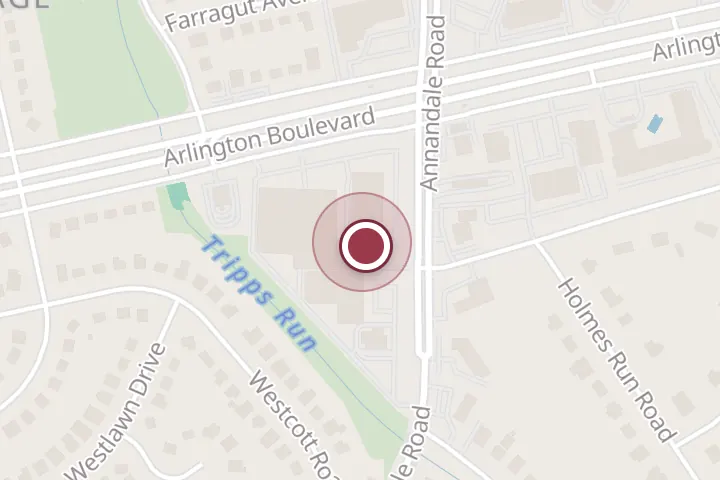 Street map around 3000 Annandale Rd, Falls Church, with a pin at Karak House Coffee Co | Coffee & Chai Shop | Pastries and Desserts in Falls Church, VA