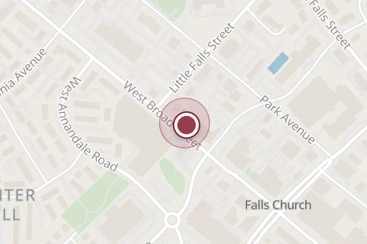 Street map around 246-A W Broad St, Falls Church, with a pin at Karma Yoga: Classes, Community & Retreats