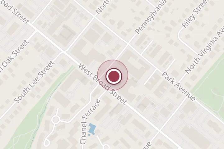 Street map around 450 W Broad St # 117, Falls Church, with a pin at Koi Koi Sushi and Roll