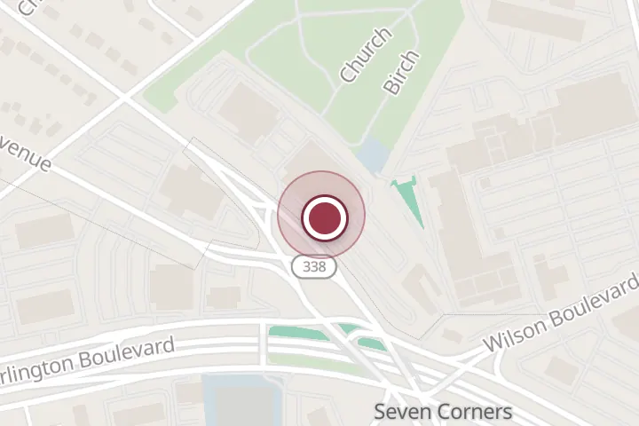 Street map around 1051 E Broad St, Falls Church, with a pin at Koons Falls Church Ford