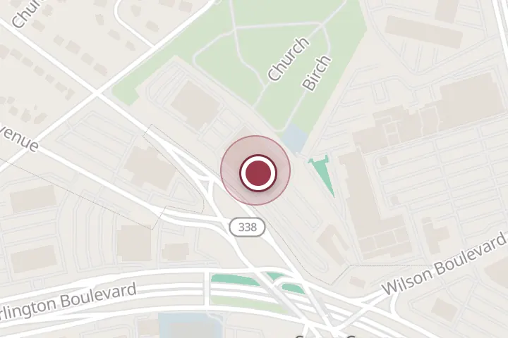 Street map around 1051 E Broad St, Falls Church, with a pin at Koons Ford, Inc. Collision