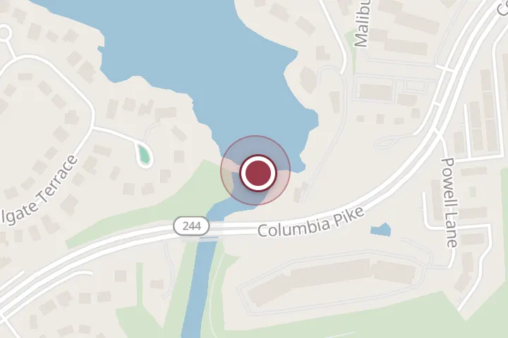 Street map around 3650 Boat Dock Dr, Falls Church, with a pin at Lake Barcroft Dam