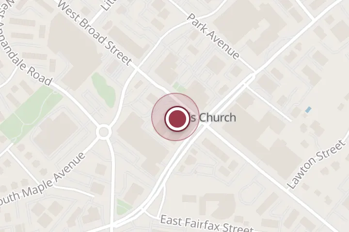 Street map around 105 W Broad St, Falls Church, with a pin at LC Real Estate Group