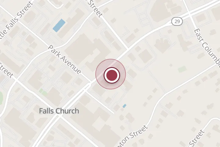 Street map around 252 N Washington St, Falls Church, with a pin at Lerch, Early & Brewer