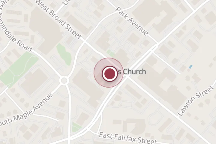 Street map around 105 W Broad St, Falls Church, with a pin at Lillie Tobash