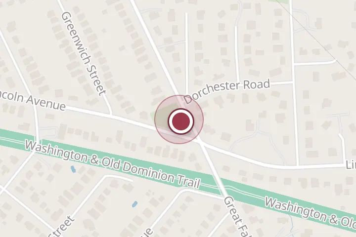 Street map around Lincoln Park, 507-509 Great Falls St, Falls Church, with a pin at Lincoln Park