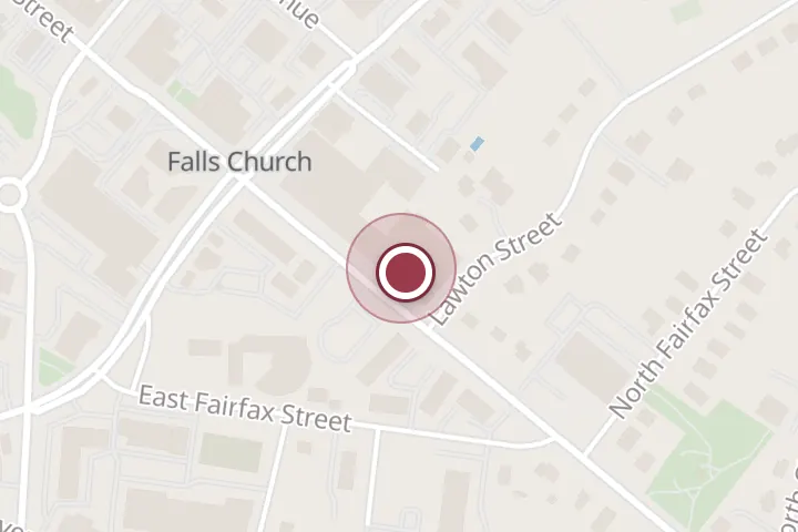 Street map around 119 E Broad St, Falls Church, with a pin at Little Beast