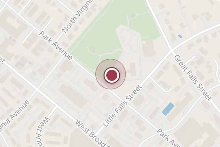 Street map around 300 Park Ave, Falls Church, with a pin at LOVE Sculpture