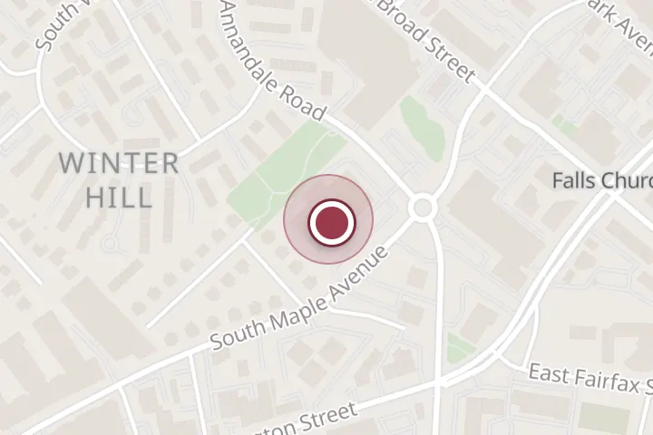 Street map around 140 S Maple Ave, Falls Church, with a pin at Lucky Strike Falls Church