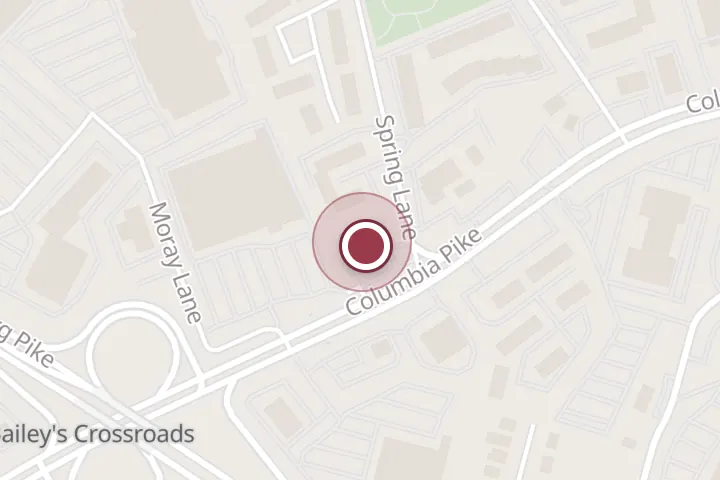 Street map around 5700 Columbia Pike A, Falls Church, with a pin at Meaza Restaurant